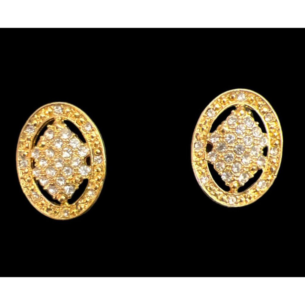Formal Oval Gold Earrings with Faux Diamonds Very Nice